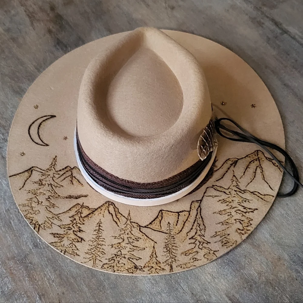 Australian wool burned fedora hat with rhinestones, leather hatband, feather